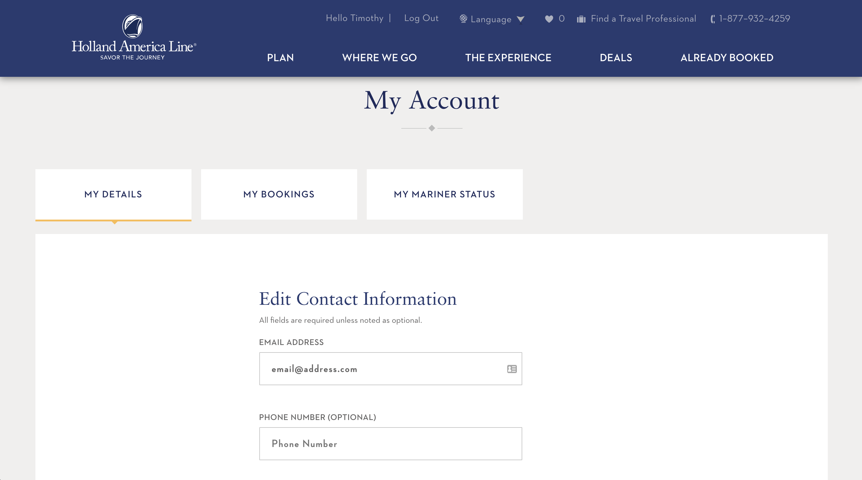 Screenshot of Holland America account page