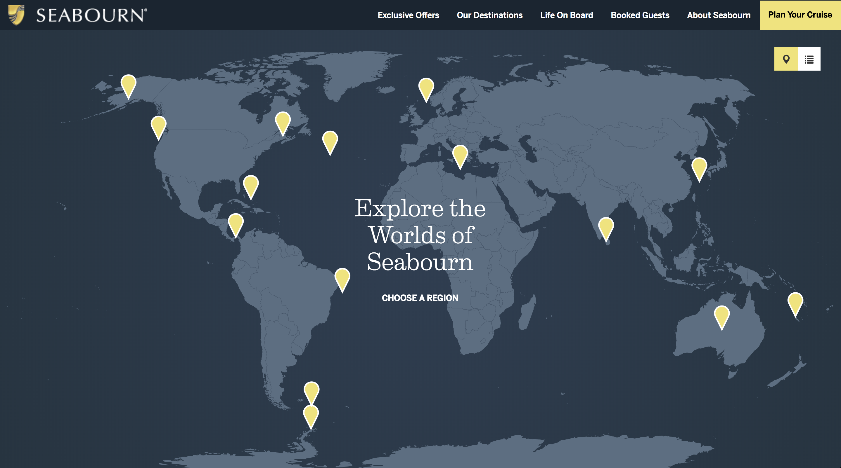Screenshot of Seabourn Cruise Line Interactive Destination Map